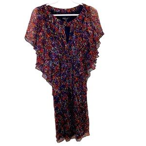 Women’s 100% Silk Purple Floral Dress With Flutter Sleeve. Size 6.